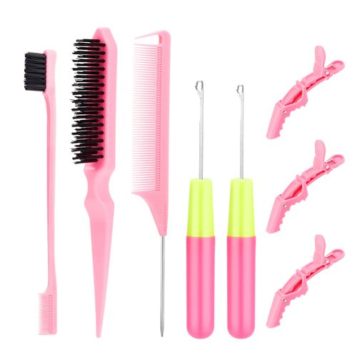 SWEET VIEW Hair Crochet Hooks Set - 2 Crochet Needles, Edge Brush, Bristle Brush, Rat Tail Comb, 3 Gator Clips for Passion Twist Hair Extensions