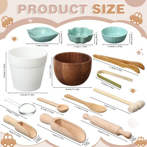 Tiangrid 14pcs Sensory Bin Tool Sensory Tools for Boys and Girls Sensory Bin Toys Wooden Tong Spoons Bowls Plate Hammer Magnifying Glass and Rolling Pin for Transfer Work and Fine Motor Learning