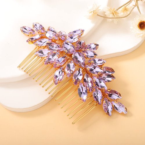 Teyglen Crystal Bride Wedding Hair Comb Full Rhinestone Side Comb Bridal Red Green Black Purple Crystal Hair Pieces Hair Accessories for Bride Women Girl (Purple)