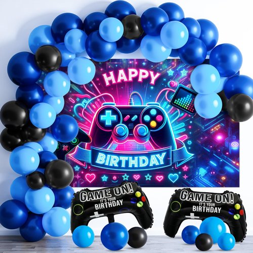 112PCS Video Game Birthday Party Decorations Set for Boy Gamer Birthday Party Favors Decor Happy Birthday Gaming Banner Backdrop Tablecloth Blue Balloon Arch Kit Cake Toppers Centerpiece Teen Supplies