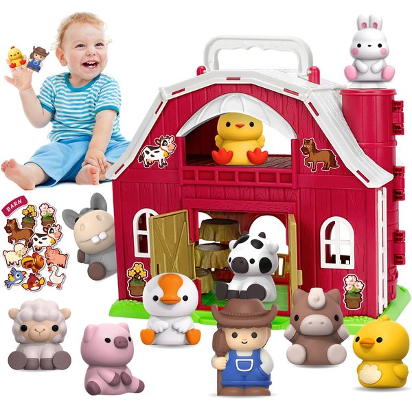 Aigybobo Farm Animals Big Barn Toys for 1 2 3 Year Old, Toddler Montessori Learning Toy, Farm Playset with Animal Figures and DIY Stickers, Christmas Birthday Gift for Baby Boys Girls Age 12-18 Months