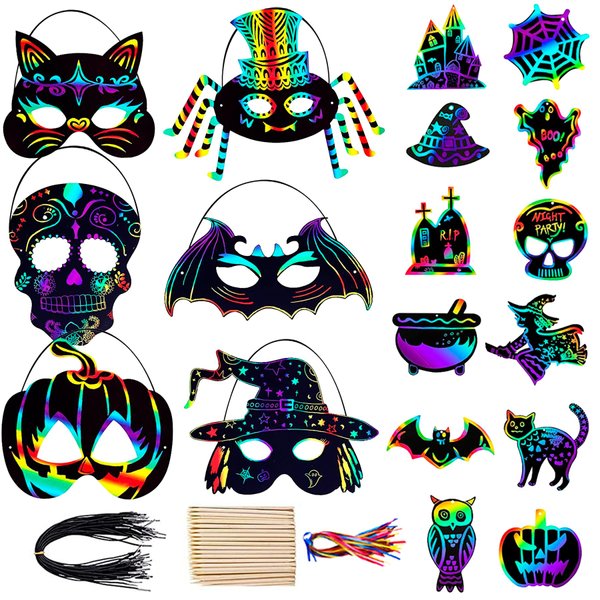 BCCSNNM 48PCS Halloween Crafts for Kids,Rainbow Scratch Masks Scratch Art Kit with Magic Scratch Paper for Halloween Party,Birthday,Classroom Activities and Favors Supplies