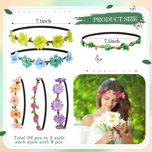 Threan 24 Pcs Assorted Flower Crown for Women Girls Multicolor Flower Headbands Boho Daisy Rose Galsang Floral Headband Flower Headpiece Headdress Flower Head Bands Hair Wreath Accessories Tiara