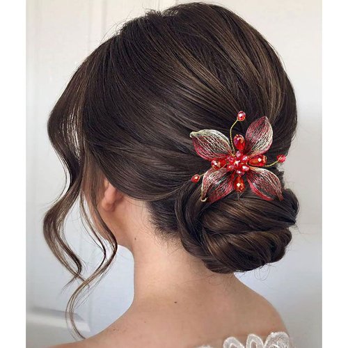 Campsis Flower Wedding Hair Pins Red Crystals Hair Piece for Bride Rhinestones Bridal Hair Accessories Wedding Prom Present Party for Women