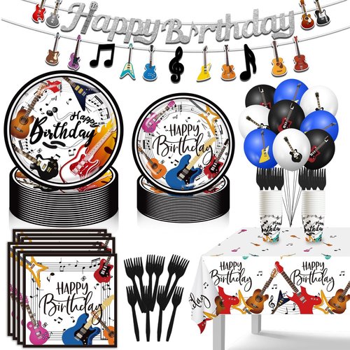 Music Theme Party Decorations 110pcs Guitar Birthday Party Decorations, Music Happy Birthday Banner, Ballons,Tableware for Rock Baby Supplies