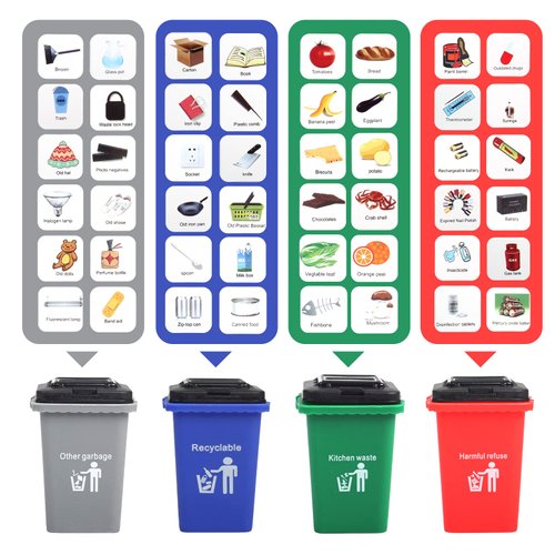Y.L. DOYMX Garbage Truck Toy, 3 Pack Friction Powered Waste Management Garbage Truck Game with Front Load Dumpster, Back Dump Garbage,4 Trash Bins with 108 pcs Trash Cards, Gift for 3+ Years Old Kids