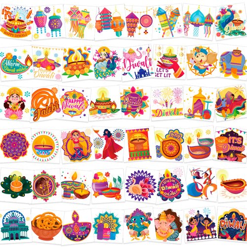 HOWAF 96pcs Happy Diwali Temporary Tattoos, Festival of Lights Party Decoration Tattoos for Indian Diwali Party Supplies, Diwali Temporary Tattoos Stickers