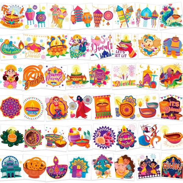 HOWAF 96pcs Happy Diwali Temporary Tattoos, Festival of Lights Party Decoration Tattoos for Indian Diwali Party Supplies, Diwali Temporary Tattoos Stickers