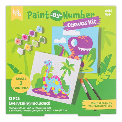 Little Yellow Bicycle: Dino Paint-by-Number Canvas Kit - All-in-1 Art Set, 2 Dinosaur Paintings, 8 Non-Toxic Paint Pots & 2 Brushes, Kids Ages 5+