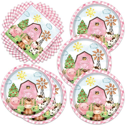 Frypeas 40pcs Farm Animals Party Supplies ，Farm House Animal Barnyard Theme Birthday Party Decorations ，Pink Barn Animal Baby Shower Tableware Sets (pink farm)