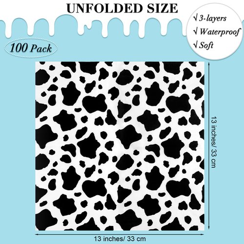 durony 72 Pack Cow Party Napkins Cow Print Animal Cloth Napkin 3-Layers Farm Animal Party Napkins for Cow Print Birthday Tableware Dinner Party Supplies