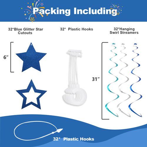 64pcs Birthday Party Decorations - Ceiling Foil Swirl Decorations Hanging Party Streamers Star For Man Boys Children Happy Birthday Graduation Wedding Anniversary (Blue)