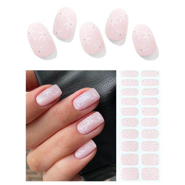 AutyaMee Semi Cured Gel Nail Strips (Pink & White Flower)-20 PCS Summer Gel Nail Stickers | UV Light Required | Gel Nail Wraps, Salon Quality & Easy to Use