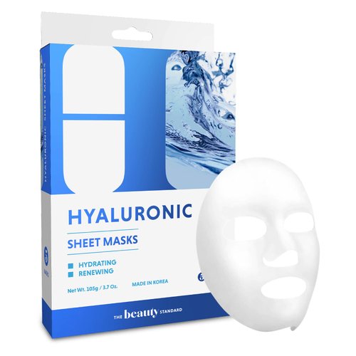 The Beauty Standard Hyaluronic Acid Sheet Face Mask - Skin Firming & Anti-Aging, Moisturizes & Plumps Skin, Ultra Hydrating Sheet Mask - Cruelty Free Korean Skin Care For All Skin Types - 5 Masks