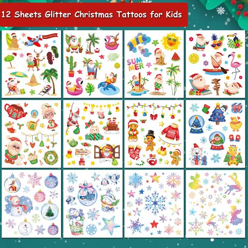 Hohamn 140 Styles Glitter Christmas Temporary Tattoos for Kids, 12 Sheets Glitter Christmas Holiday Tattoos for Kids Xmas Party Gifts Crafts Decoration