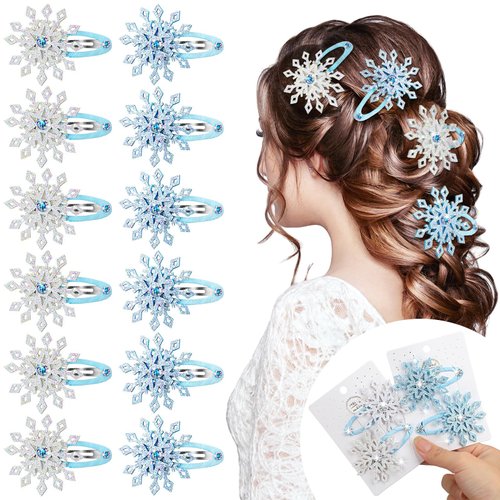 Misdary 12 Pcs Snowflake Hair Clips Blue White Christmas Hair Accessories Winter Holiday Hair Clips for Women Xmas Bow Hair Clip Glitter Snowflake Barrettes Festive Snowflake Hairpins for Gifts