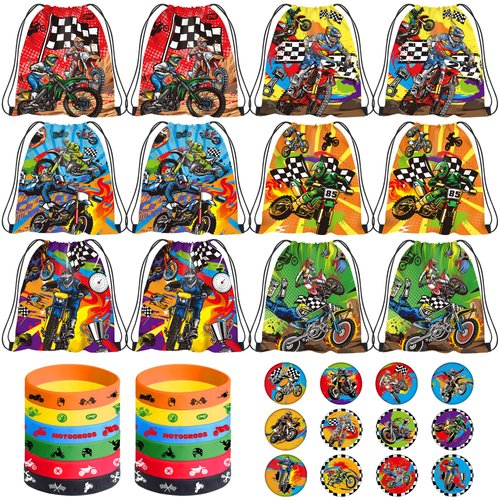 Ywediim Dirt Bike Party Favor Supplies, Including Motorcycle Theme Boy Motocross Bags Drawstring Goodie Treat Bags Wristbands Badge, for Motocross Theme Kids Birthday Party Gift