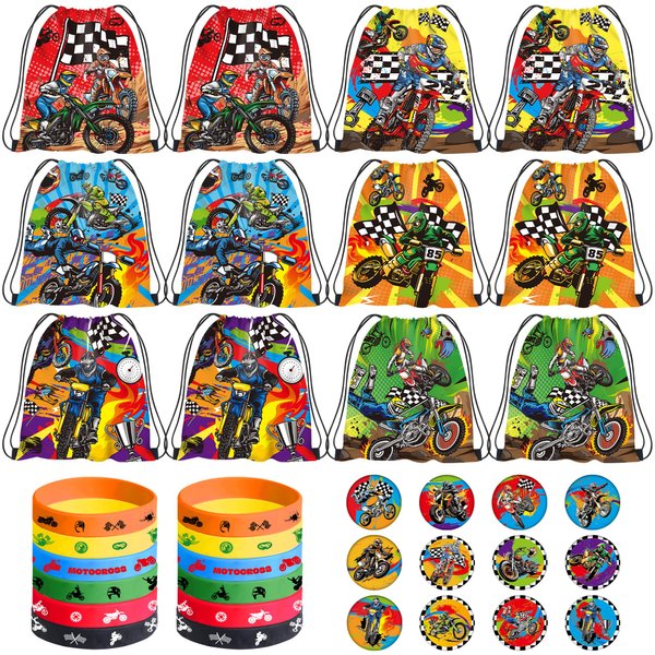 Ywediim Dirt Bike Party Favor Supplies, Including Motorcycle Theme Boy Motocross Bags Drawstring Goodie Treat Bags Wristbands Badge, for Motocross Theme Kids Birthday Party Gift