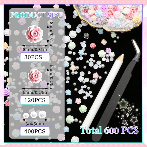 600Pcs Rose Flowers Nail Charms and Flatback Pearls,Mixed Size 3D Flower Cute Nail Charms for Acrylic Nail Supplies Design,White Half Pearls for Nail Jewelry DIY Crafts Nail Art Decoration Accessories