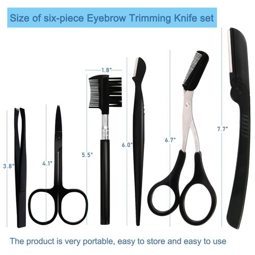Ptiysta 6-In-1 Eyebrow Trimmer Set Exfoliating Beauty Tool The Eyebrow Treatment Kit includes: Scissors Eyebrow Scissors Eyebrow Comb Tweezers Pocket Knife Eyebrow Scraper