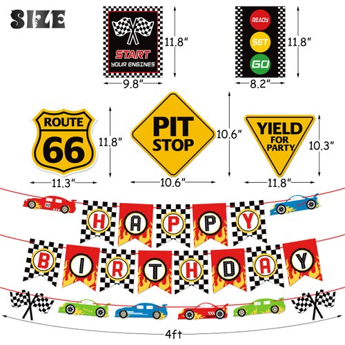 Race Car Birthday Party Decoration Set Race Car Party Signs Racing Birthday Banner Checkered Flags Balloons for Boys Let's go Racing Party Supplies