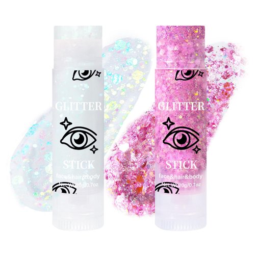 DAGEDA 2 Colors Body Glitter Stick, Face Glitter Hair Glitter Eyeshadow for Rave Accessories,Chunky Mermaid Sequins Face Paint Body Shimmer,Holographic Body Glitter Gel for Mermaid Makeup (White+Pink)