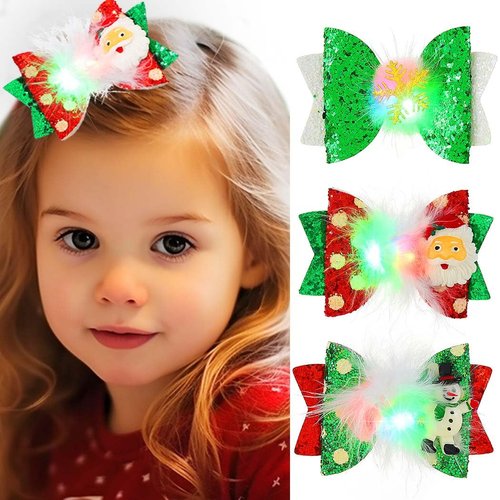 JEAIRTS Light Up Christmas Hair Clips Glowing Xmas Bow Barrettes Led Snowflake Holiday Costume Hair Accessories for Women(3 pcs)