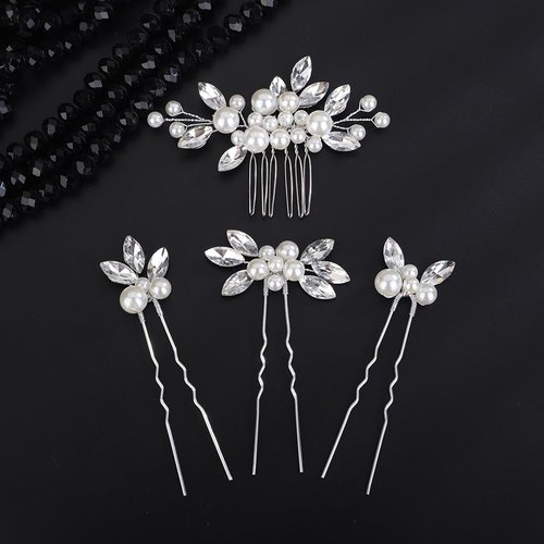 Teyglen Wedding Pearl Hair Comb Bridal Rhinestone Hair Clips Pins Silver Crystal Hair Piece Vintage Hair Accessories Jewelry Set for Women Girl