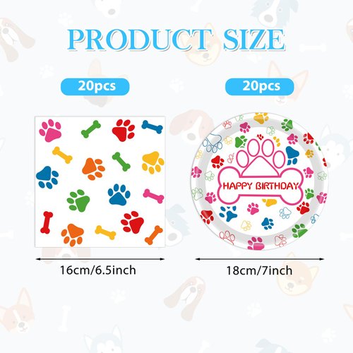 40PCS Dog Paw Prints Birthday Party tableware Supplies 20 Plates and 20 Napkins Colored Dog Paw Prints Party Decorations for Puppy Theme Party, Picnic, Kid Baby Shower