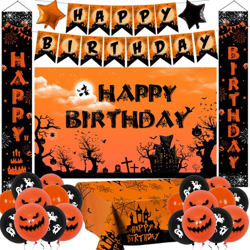 Halloween Birthday Party Decorations, Halloween Decorations for Kids, Halloween Party Decorations with Halloween Birthday Door Banner Backdrop Balloons Tablecloth Porch Sign Banner for Indoor Outdoor