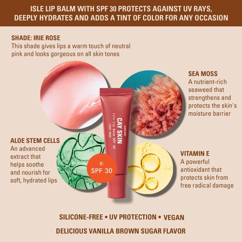 Cay Skin Isle Lip Balm Irie Rose SPF 30, Hydrating and Protective Daily Lip Gloss, Vanilla Brown Sugar Flavor, Suncare, UV Protection - 0.35 oz