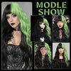 meiliprotea Half Black Half Green Wig with Bangs Long Wavy Costume Wig 26 Inches Green Highlight Curly Wavy Synthetic Wigs for Women Halloween Cosplay Party Show (Black and Green)