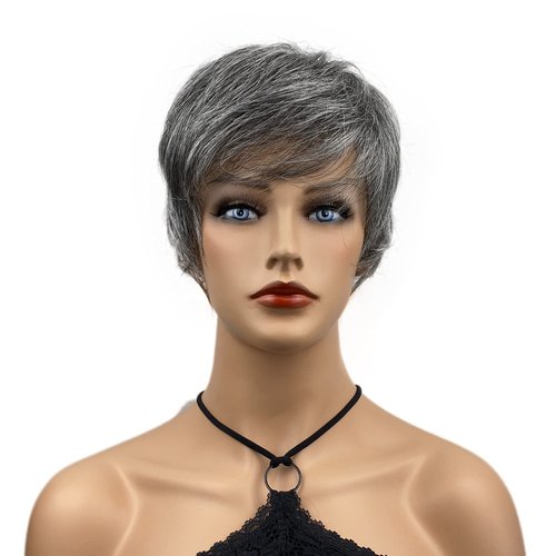 Wiginway Short Straight Wigs 6 inches Pixie Cut with Bangs Layered Synthetic Wigs for Women (Black Mixed Gray)