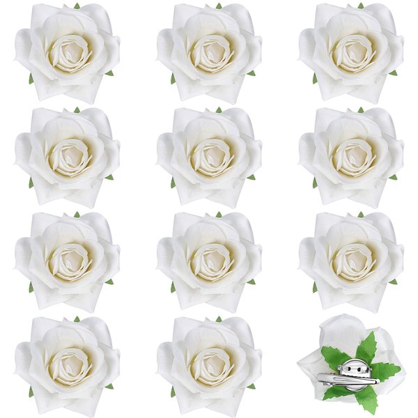 Yilloog 12 Pack Rose Hair Clip Flower 2.8'' Hairpin Floral Brooch Floral Hair Clips Mexican Hair Flowers Hairpin Party Supplies for Women Rose Hair Accessories Wedding Pack(White)