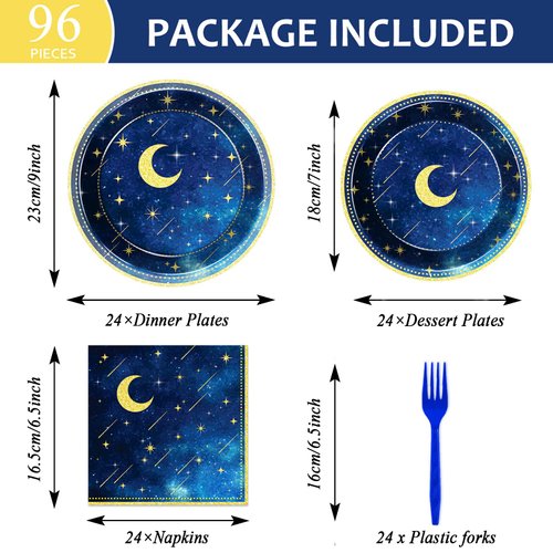 96 Pcs Starry Night Plates and Napkins Party Supplies Sweet theme Tableware Set Galaxy Party Decorations Favors for Outer Space Birthday Baby Shower Serves 24 Guests