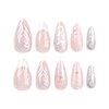 24 Pcs Almond Press on Nails Medium Fake Nails Nude Full Cover Stick on Nails with Silvery Glitter Designs Acrylic Nails Glossy False Nails 3D Water Ripple Nail Charms French Nails for Women Girls