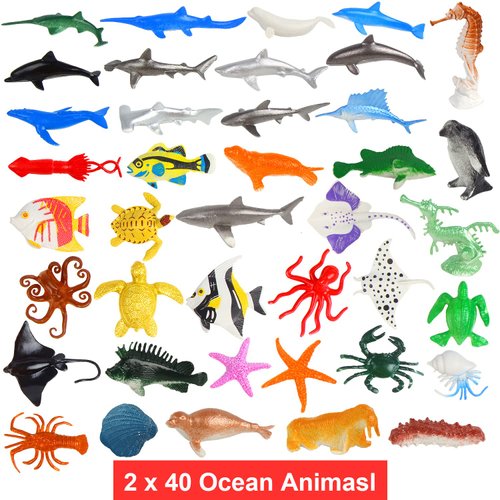 FINGOOO 80 Pieces Sea Creatures Toys for Kids,Assorted Vinyl Plastic Ocean Animals Toys for Party Favors Classroom Educational Goodie Bag Filler Cupcake Topper
