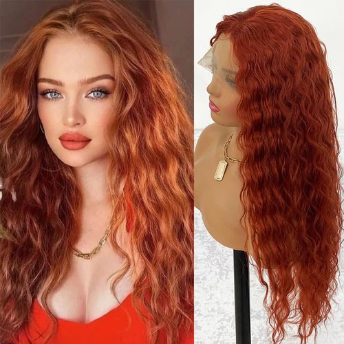 MACA BAKA Loose Curly Copper Red Synthetic Lace Front Wig for Women Glueless Long Water Wave Ginger Red 13x4 Lace Front Wigs Pre Plucked with Baby Hair 24 Inches 150 Density