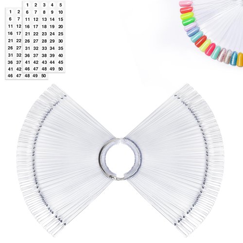 MEFA 100 Pcs Clear Nail Swatch Sticks with Ring and Numbered Tips, False Nail Sample Sticks for Nail Art Polish Color Practice Fan-Shaped Display