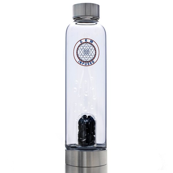 TonicCure Gem Infused Crystal Water Bottle Elixir with Authentic Healing Wellness Brazilian Stones Obsidian Neoprene Sleeve, for Love Peace and clarity 16 oz (BLACK Obsidian)
