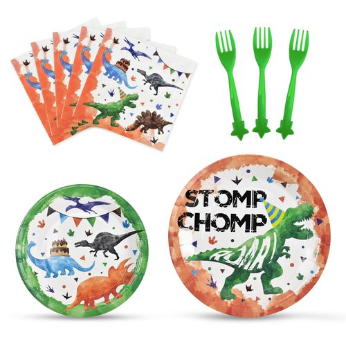 WERNNSAI Dinosaur Party Supplies - 64 PCS Watercolor Dino Tableware Set Disposable Plates Napkins and Forks Dinosaur Theme Party Decoration for Boys Birthday Baby Shower Party Serves 16 Guests