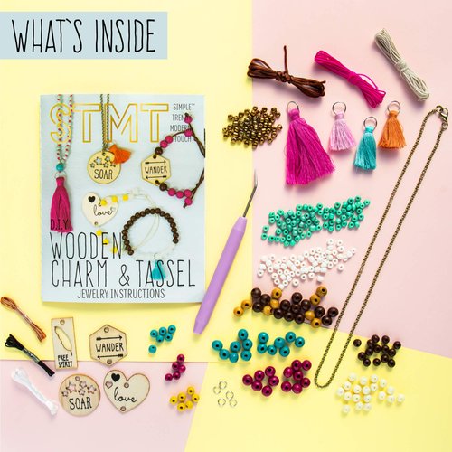 STMT DIY Wooden charm & Tassel Jewelry Art & Craft Kit by Horizon Group USA, Design & Create 10Piece of Vsco Girl Jewelry, Includes Wood Charms, Colorful Tassels, Beads, Chains & More, Multicolored