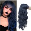 Tseses Blue Curly Wig with Bangs Long Women Wigs Wavy Blue Heat Resistant Synthetic Wigs for Women Daily Party Cosplay Halloween Use（Dark Blue）