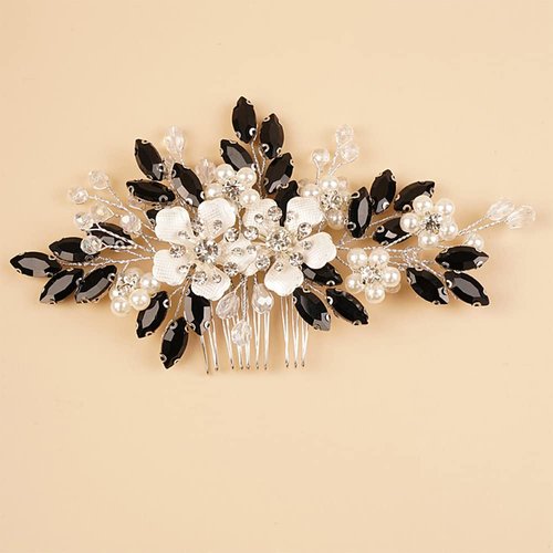 Teyglen Crystal Bride Wedding Hair Comb Vintage Black Flower Rhinestones Side Comb Shiny Hair Pieces Headpieces with Pearl Bridal Hair Accessories for Women Bride Girl(Black)