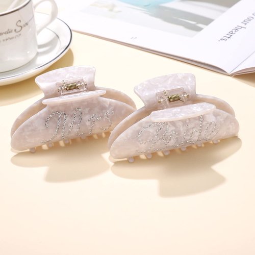 HZEYN 2 Pack Rhinestone Mrs Acetate Hair Claw Clips for Thick Hair - White, Bachelorette Party Favors, Bridal Accessories, Bride Gifts