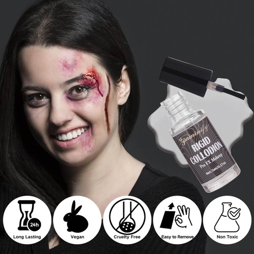 Paminify Rigid Collodion and Remover Kit,SFX Makeup Scarring Liquid with Brush,Liquid Scar Makeup,Special Effects Fake Scar for Halloween,Cosplay, Costume,5 ml+30 ml