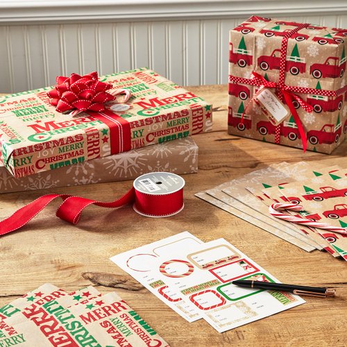 Hallmark Recyclable Kraft Christmas Flat Wrapping Paper Sheets with Cutlines on Reverse (12 Folded Sheets with Sticker Gift Tags) Rustic Red Trucks, White Snowflakes, "Merry Christmas" Lettering