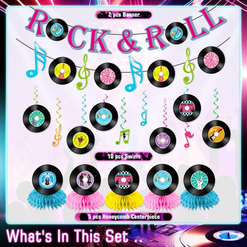 LARRAZABAL Rock and Roll Birthday Party Decorations, Music Themed Party Decorations Include Rock and Roll Banner Hanging Swirls Honeycomb Centerpiece 50s Party Decorations Baby Shower Supplies