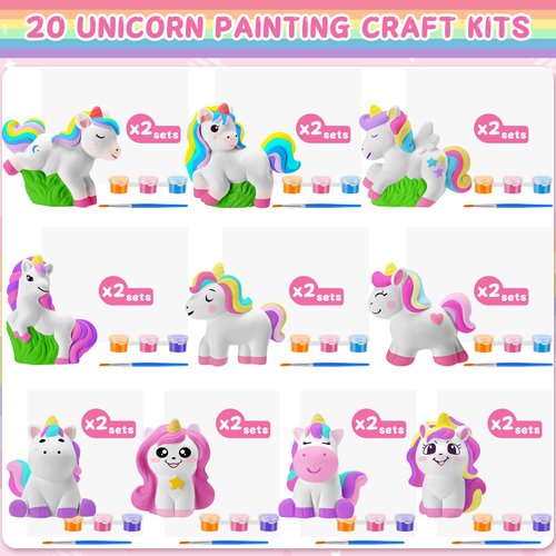 Simgoing 20 Set Unicorn DIY Painting Kit Ceramic to Paint Your Own Unicorn Statues Unpainted Plaster Figurines Brushes Acrylic Paints Bags Arts and Crafts Kits Party Favor for Kids Boys Adults Girls