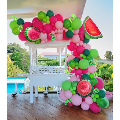 Summer fruit Watermelon Party Decorations Balloon Arch Garland Kit Red Green Pink with Watermelon mylar balloons for one in a melon theme Birthday Party Decorations